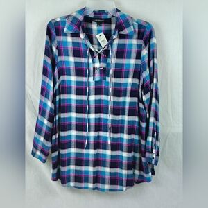 Plaid Women's Top - Deep Teal And Reddish Purple Long Sleeve